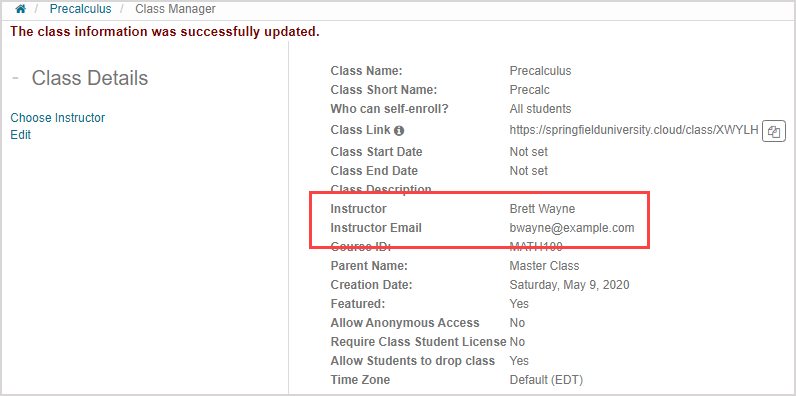 In the Class Manager list of details on the right, the Instructor and Instructor Email are highlighted.